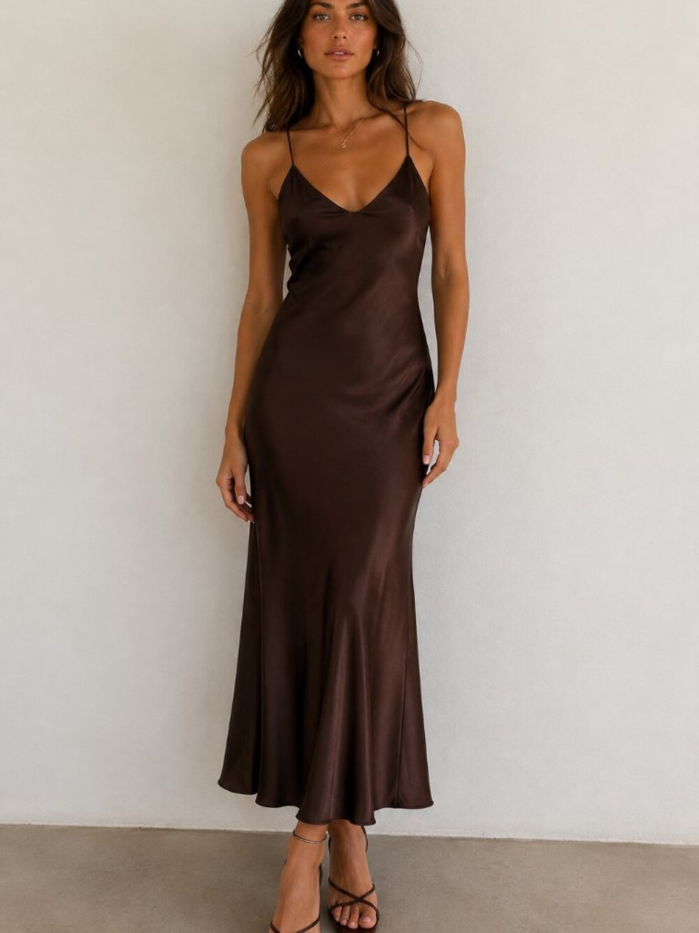 Zara Brown Satin Slip Midi Dress